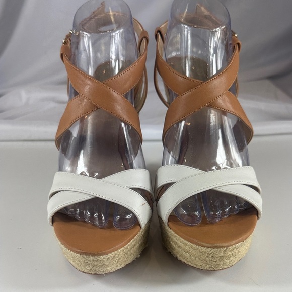 Vince Camuto High Heel Wedges Tan Camel White OpenToe Leather Summer Shoes - Picture 2 of 12